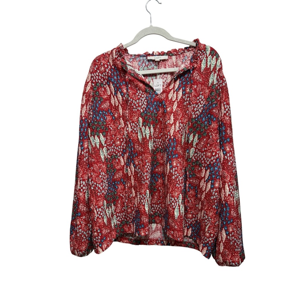 Loft Garden Ruffle Tie Neck Blouse XL NWT Textured Multicolor Red Floral Boho